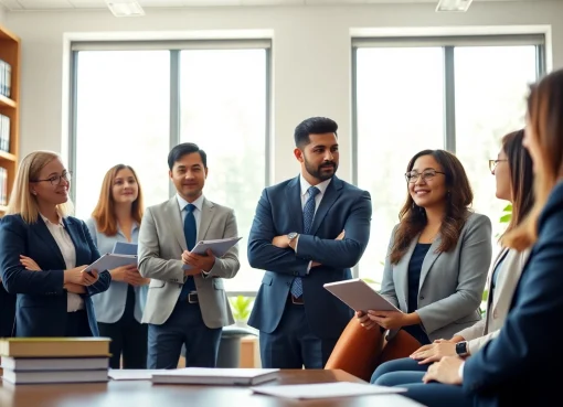 Collaborative session at an environmental law firm, showcasing legal experts advising clients.