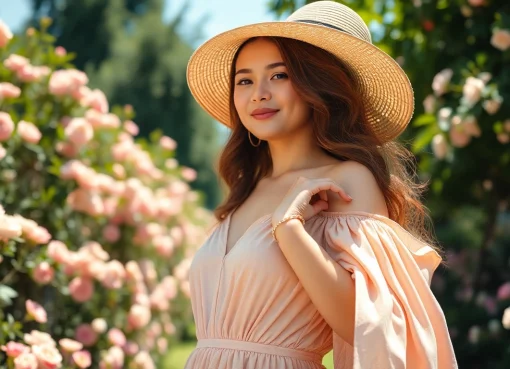 Showcasing a stylish Rivelle dress in a vibrant garden setting, perfect for elegant occasions.