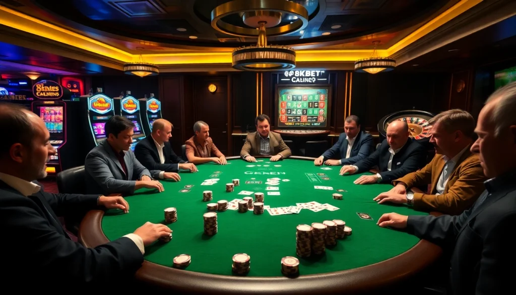 Players engaging in high-stakes poker at 8KBET casino, surrounded by vibrant slot machines and roulette.
