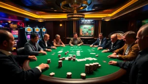 Players engaging in high-stakes poker at 8KBET casino, surrounded by vibrant slot machines and roulette.