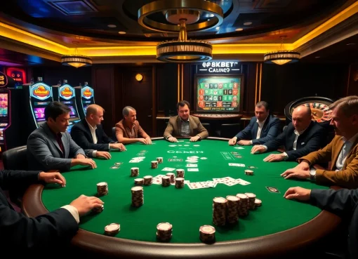 Players engaging in high-stakes poker at 8KBET casino, surrounded by vibrant slot machines and roulette.