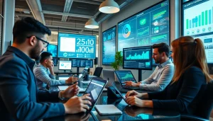 Contact data verification tools in a modern office, showcasing professionals analyzing data.