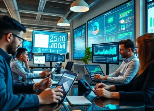 Contact data verification tools in a modern office, showcasing professionals analyzing data.