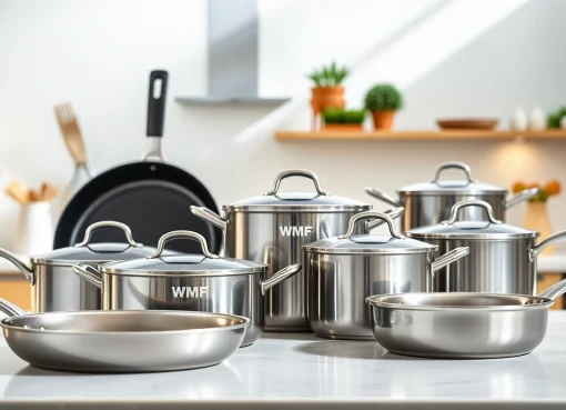 Showcase premium WMF cookware NZ in a modern kitchen setting with vibrant textures.