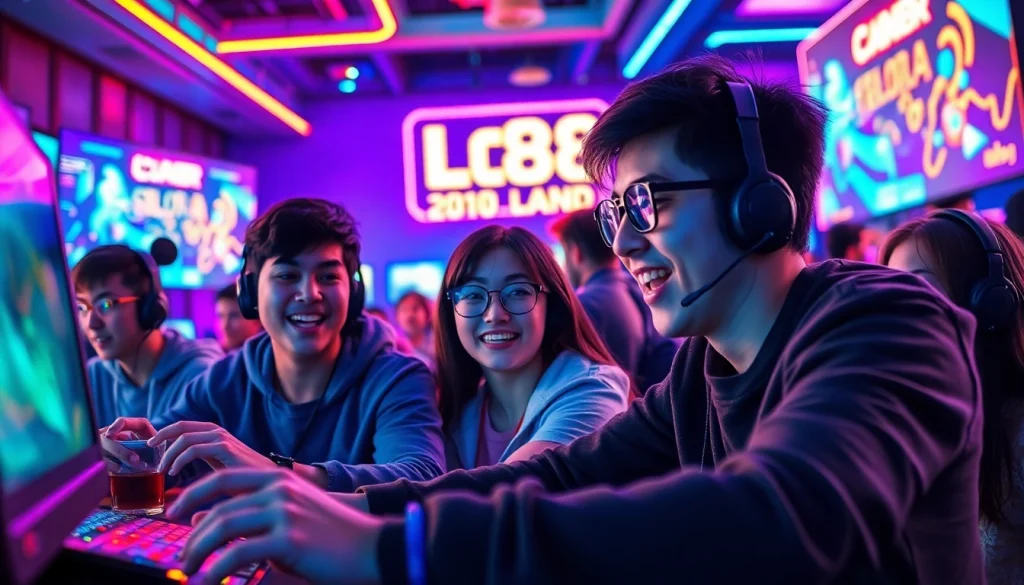 Exciting gaming scene at LC88 Land with players and vibrant digital devices