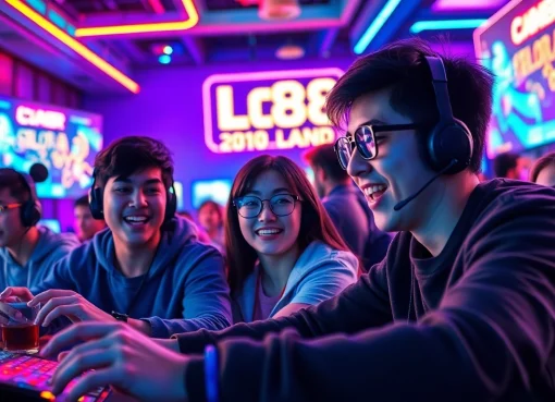 Exciting gaming scene at LC88 Land with players and vibrant digital devices