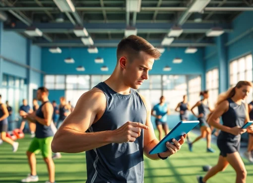 Dynamic scene of athletes utilizing online sports tools for training efficiency.