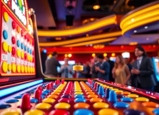 Permainan plinko menarik dengan chip yang dijatuhkan di papan berwarna-warni.