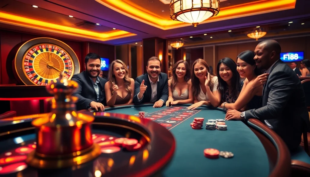 Experience thrilling action at F168 with vibrant casino tables and excited players celebrating wins.