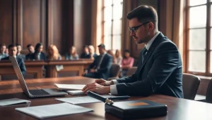 A professional soudní překladatel in a courtroom translating legal documents, conveying trust and expertise.