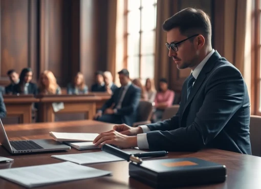A professional soudní překladatel in a courtroom translating legal documents, conveying trust and expertise.