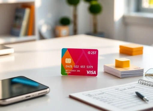 전문적인 업무 공간 속에서 다채로운 신용카드 위에 표시된 상품권신용카드