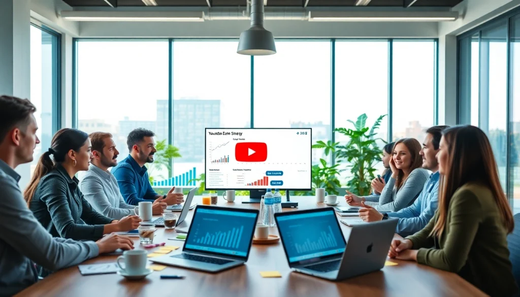 Developing strategies for youtube smm panel with a diverse team in a modern office setting.