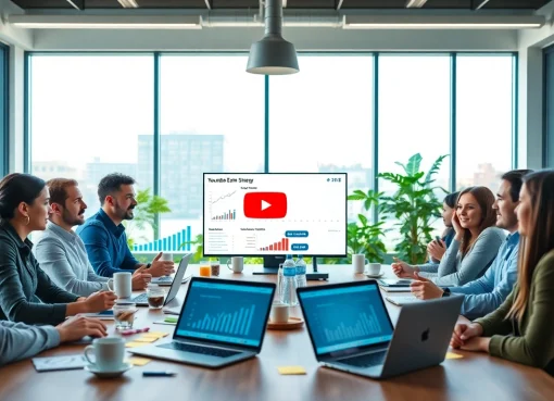 Developing strategies for youtube smm panel with a diverse team in a modern office setting.