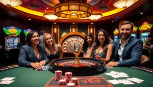 Experience excitement at the F168 casino with vibrant games, chips, and a spinning roulette.