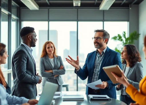 Engage in a business coaching service with professionals discussing strategies in a modern office.