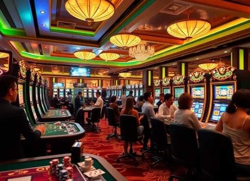 Pemain menikmati deposit pulsa tanpa potongan pada mesin slot mewah dengan dekorasi berwarna-warni di kasino.