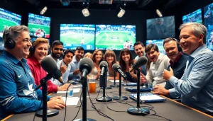 Sports Broadcasting team passionately engaged in a live commentary session.