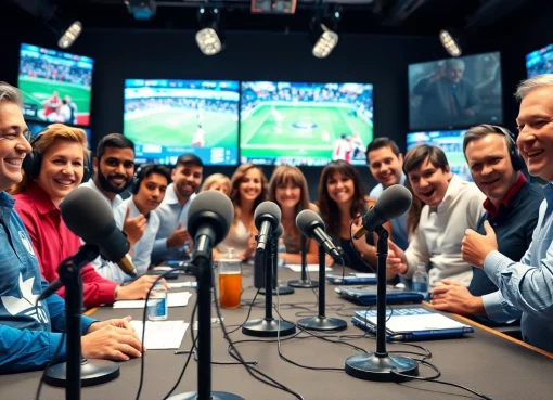 Sports Broadcasting team passionately engaged in a live commentary session.