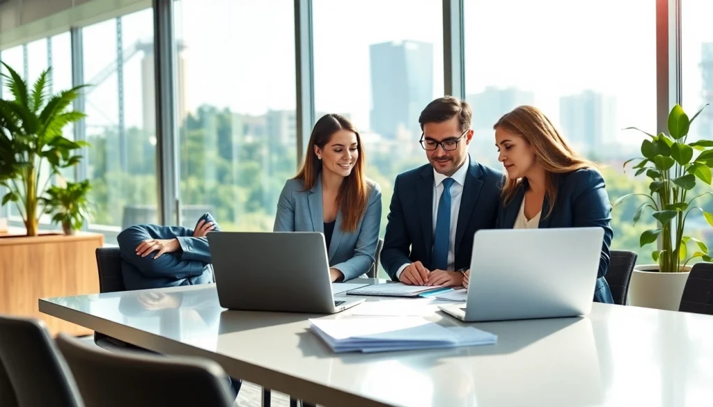 Environmental law firm team discussing strategy in a modern office setting.