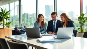 Environmental law firm team discussing strategy in a modern office setting.