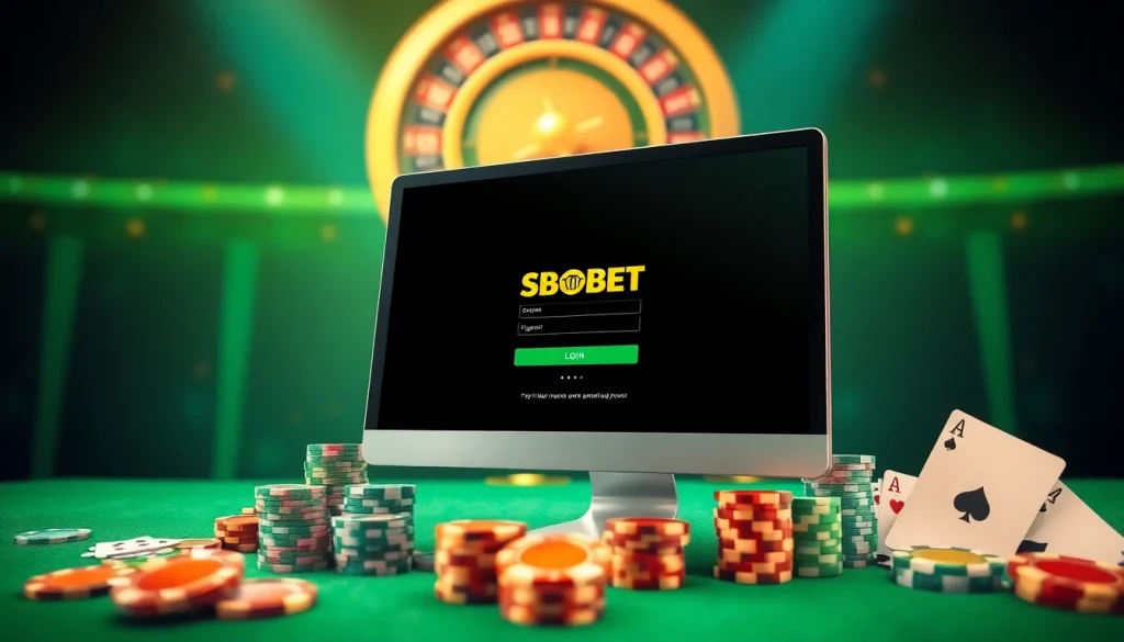 Log in to SBOBET with a stunning online casino setup featuring poker chips and cards.