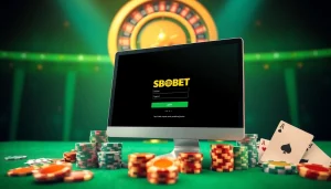 Log in to SBOBET with a stunning online casino setup featuring poker chips and cards.