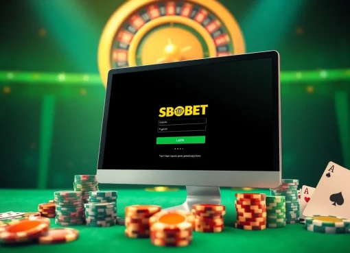 Log in to SBOBET with a stunning online casino setup featuring poker chips and cards.