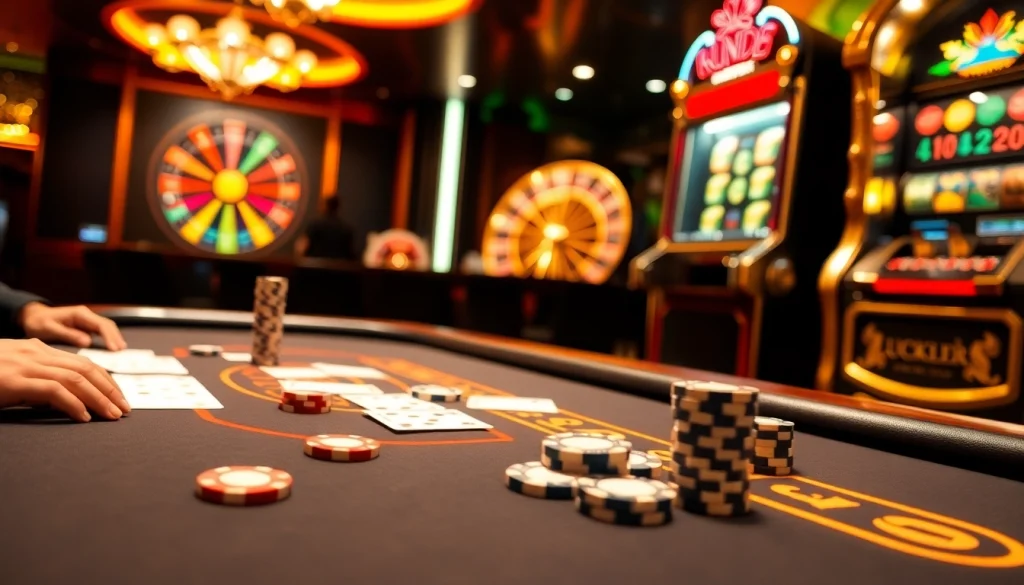 Niềm phấn khích tại bàn poker LUCK8 và LUCKY8 bên cạnh bánh xe roulette quay và ánh đèn rực rỡ của máy đánh bạc.