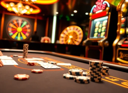 Niềm phấn khích tại bàn poker LUCK8 và LUCKY8 bên cạnh bánh xe roulette quay và ánh đèn rực rỡ của máy đánh bạc.