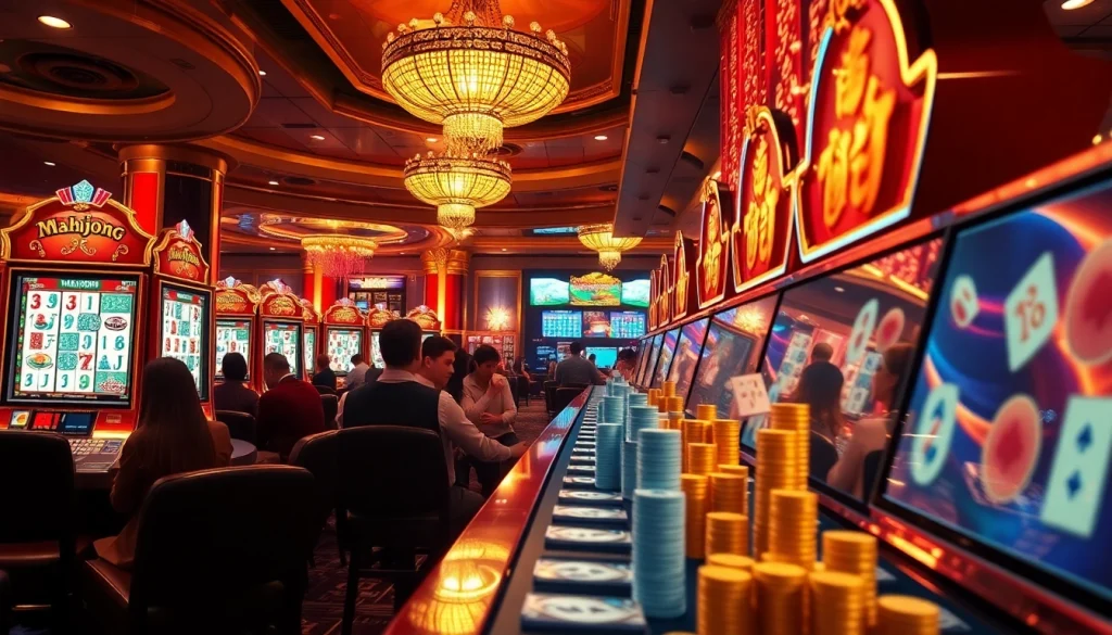 Para pemain yang terlibat menikmati slot demo mahjong di lingkungan kasino yang hidup, mewah.