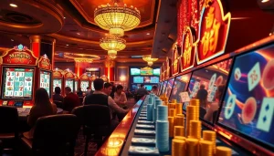 Para pemain yang terlibat menikmati slot demo mahjong di lingkungan kasino yang hidup, mewah.