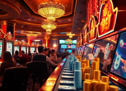 Para pemain yang terlibat menikmati slot demo mahjong di lingkungan kasino yang hidup, mewah.