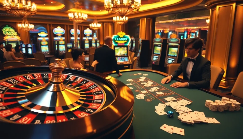A dynamic casino scene showcasing gamblers at a poker table and a roulette wheel, highlighting link CM88's exciting atmosphere.