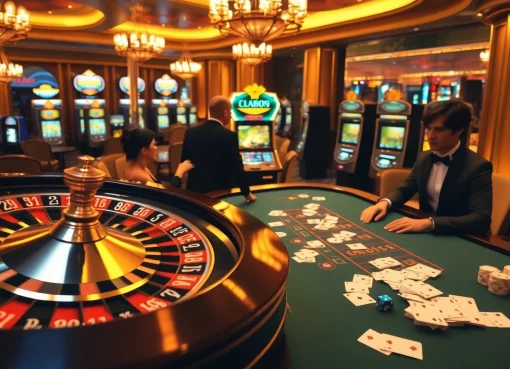 A dynamic casino scene showcasing gamblers at a poker table and a roulette wheel, highlighting link CM88's exciting atmosphere.