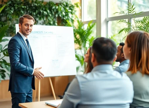 Engaging business coaching service session fostering collaboration among diverse clients.