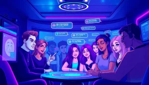 Engaging scene of NSFW character AI users interacting in a lively chat room with diverse avatars and dynamic holographic displays.