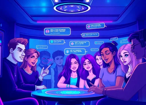 Engaging scene of NSFW character AI users interacting in a lively chat room with diverse avatars and dynamic holographic displays.