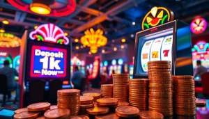 Kelola slot deposit 1k yang nyaman dengan tampilan mesin slot digital dan koin yang menyala.