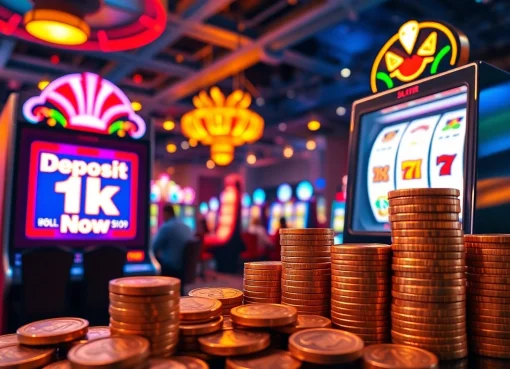 Kelola slot deposit 1k yang nyaman dengan tampilan mesin slot digital dan koin yang menyala.