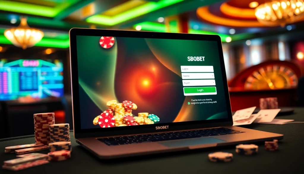 Engaging online gambling scene with SBOBET login interface, vibrant casino elements and luxury ambiance.