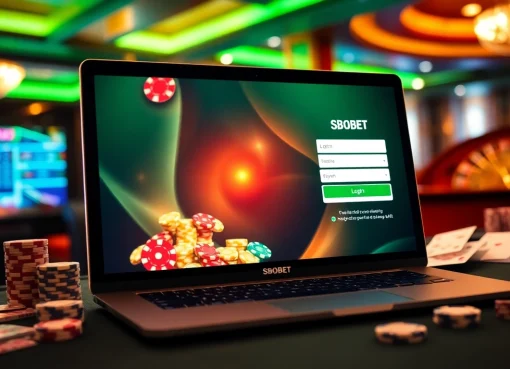 Engaging online gambling scene with SBOBET login interface, vibrant casino elements and luxury ambiance.