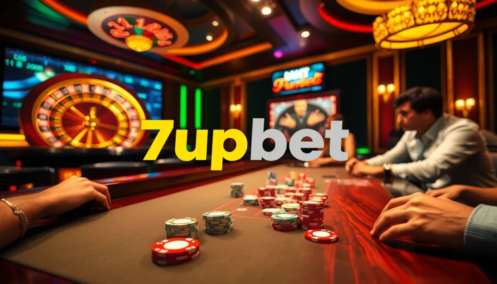 Experience the excitement of gambling with 7upbet through vibrant poker and roulette scenes.