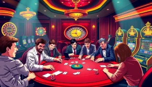 Engaging scene of a luxurious casino showcasing the 7upbet login experience with poker and roulette action.
