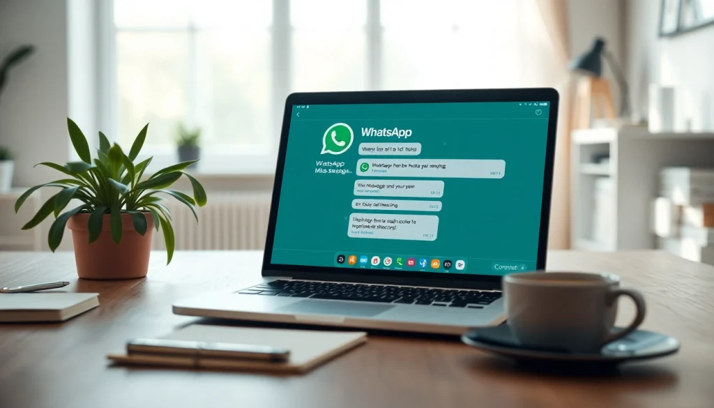 现代家庭办公环境中笔记本上的 WhatsApp网页版界面，展示消息功能与生产力提升。
