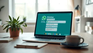 现代家庭办公环境中笔记本上的 WhatsApp网页版界面，展示消息功能与生产力提升。