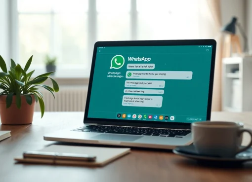 现代家庭办公环境中笔记本上的 WhatsApp网页版界面，展示消息功能与生产力提升。