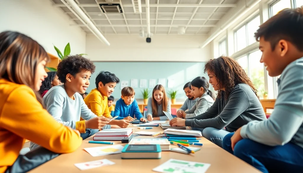 Empowering education scene with diverse students collaborating in a modern classroom.