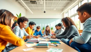 Empowering education scene with diverse students collaborating in a modern classroom.