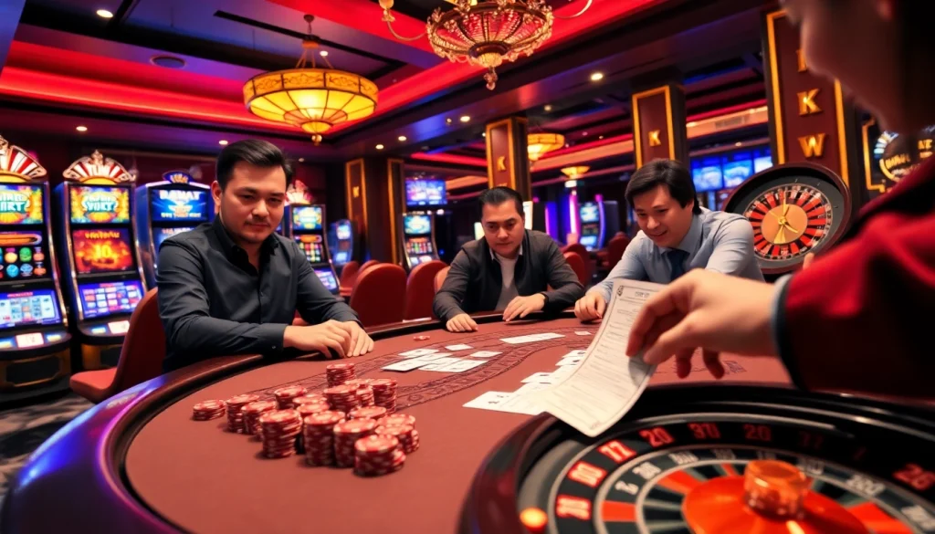 Experience the thrill of NK88 vip at an upscale poker game with vibrant casino elements.